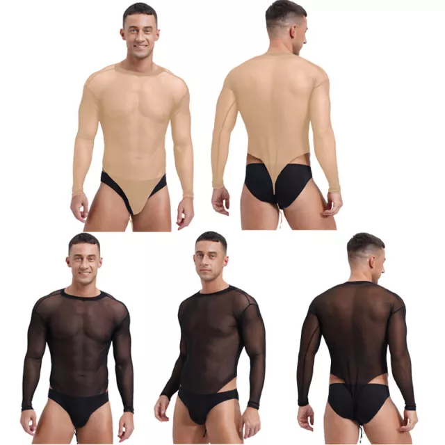 Mens Jumpsuit Long Sleeve Bodysuit Sexy Leotard Lingerie Costume Sheer Mesh