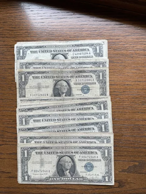 1957 $1 Silver Certificate Circulated Banknotes Blue Seal - Lot of 10