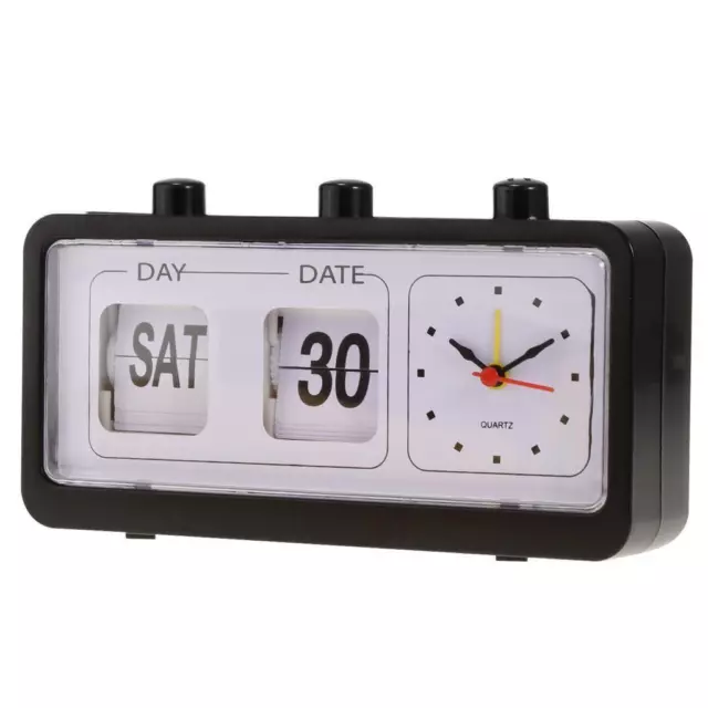 1xVintage Retro Quartz Alarm Clock Flip Calendar Display Clock- Black