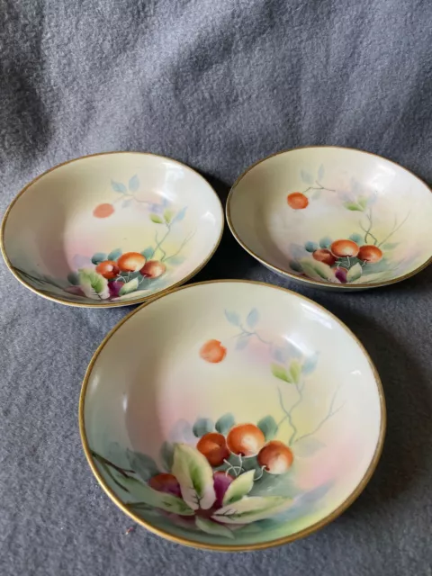 Vintage Nippon Cherry Blossom Hand Painted bowls, Set of 3, Japan 5.25" cherries