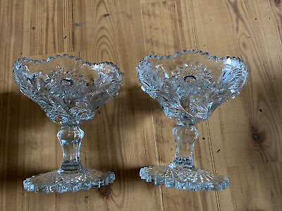 Pair Of American Brilliant Cut Glass Open Compotes.One Has Chip On Sawtooth Edge