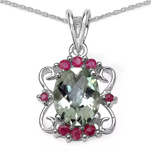 Rare 2,86 Carat Prasiolite / Rubis Pendentif, 925 Argent, Collier, à Rhodium