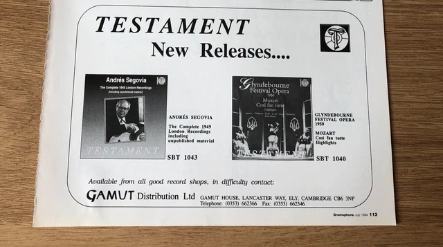 (STG)Jul1994 Pg113 Advert 5x8" Andres Segovia "Complete 1949 London Recordings"