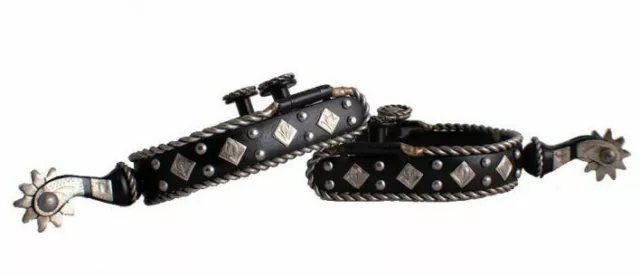 Western Saddle Horse Spurs Black Steel w/ Engraved Silver Diamonds + Rope Edge