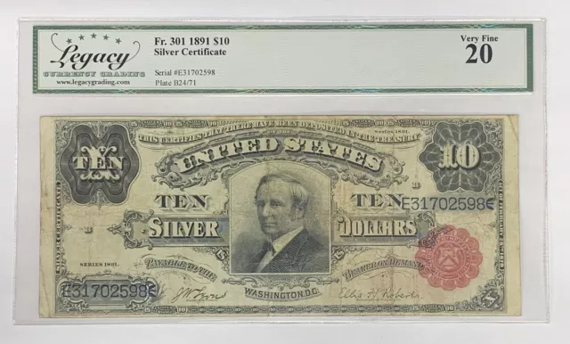 1891 $10 Silver Certificate Note FR 301 Legacy VF 20