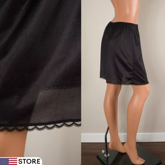 💖 Vintage Black Half Slip Skirt Silky Nylon Side Slit Lace Trim L