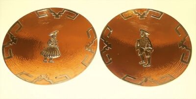 Pair Vintage Peru Hammered  Copper Decorative Plates Wall Hanging Brass Accents