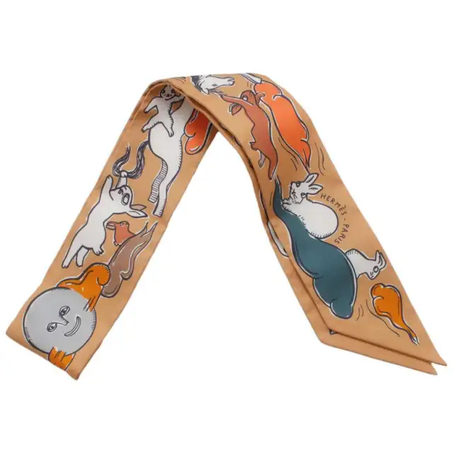 HERMES Twilly Mille et Un Lapins A Thousand and One Rabbits Silk100% Beige D...