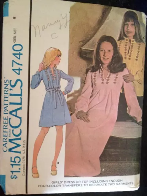 McCalls Sewing Pattern No 4740 Girls Dress or Top Size 8 Cut