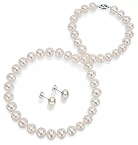 Ensemble collier perle et boucles d'oreilles clou or blanc 14 carats 9-10 mm blanc eau douce