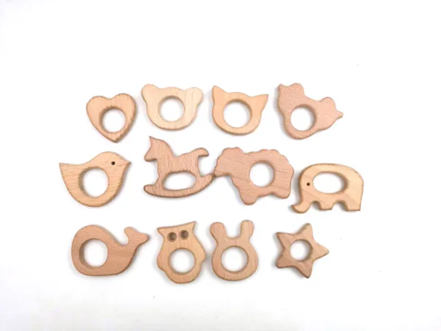 12x Beißringe aus Holz in verschiedenen Formen Schnuller Ring Baby Spielzeu L2B1