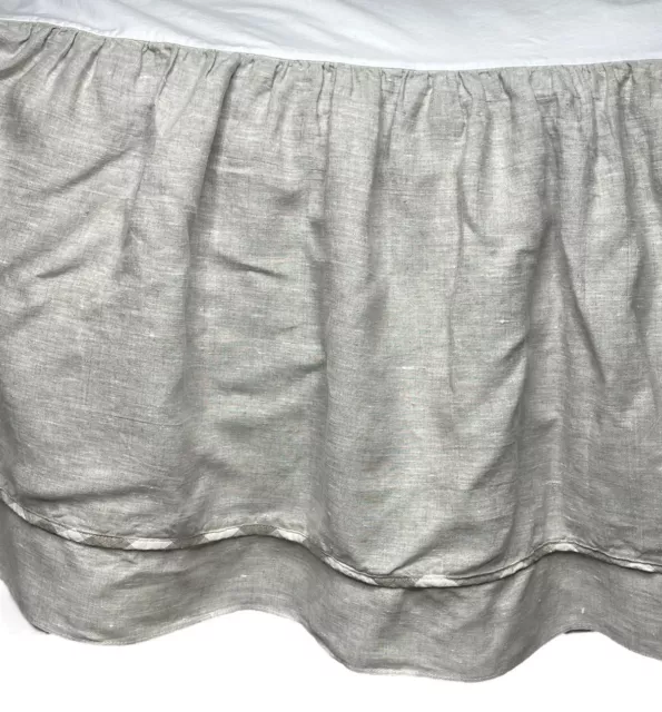 Linen Beige Crib Skirt Toddler Bed Dust Ruffle Gathered 18" Drop Tan Check Trim