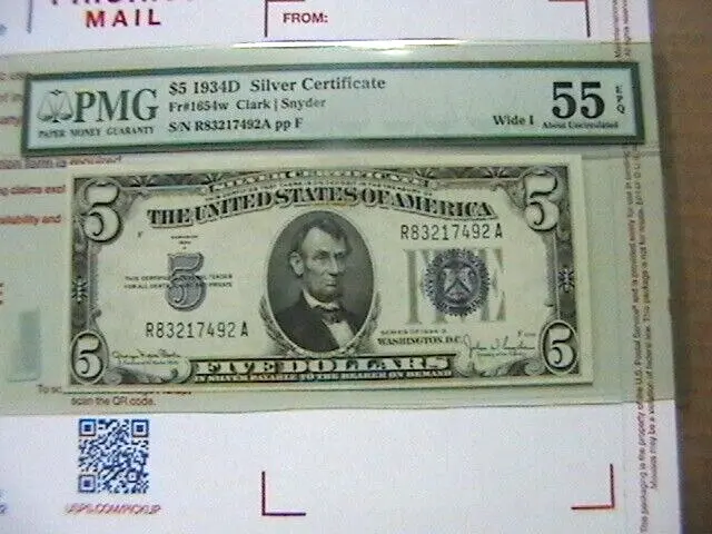 1934 D $5 Five Dollar Silver Certificate Note Fr#1654w PMG 55