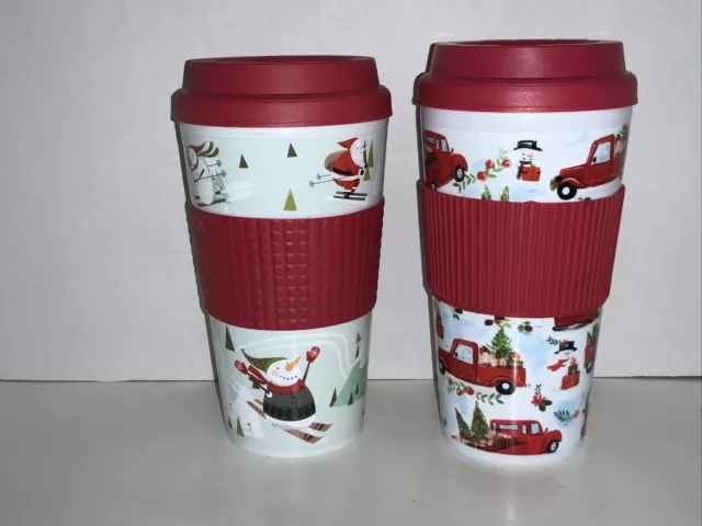 Printed Christmas  Travel Double Wall Mugs, 16 oz.  Set Of 2 -NEW