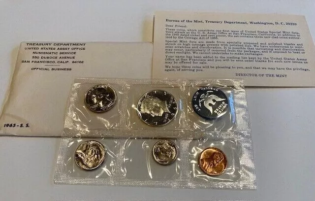 1965 S.S. US Treasury Mint Uncirculated 5 Coin Set 40% Silver Half Dollar Sealed