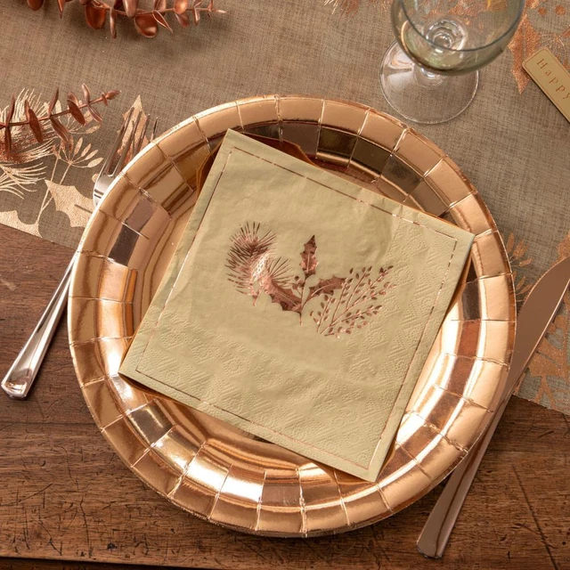 Olive Green Napkins Rose Gold Holly | Christmas Foiled Table Decoration x 20