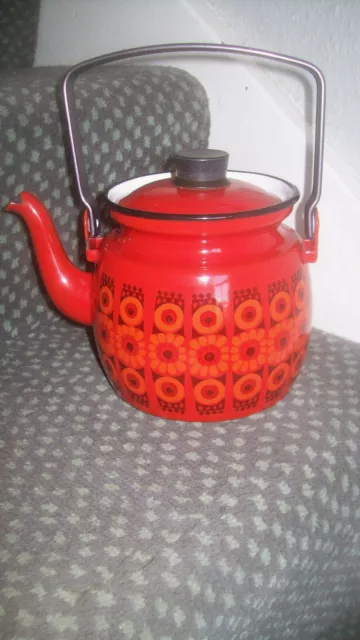 Retro 1960's Red Enamel Finel Finland Kaj Franck Arabia Daisy Teapot Kettle BiN