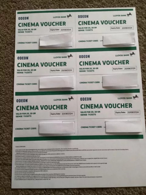 6 x Club Lloyds Odeon Cinema Tickets for iSense 2D 3D Films - Expiry 20/08/2024