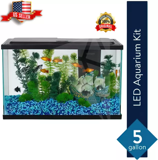 Hot Aqua Culture 5-Gallon Glass Fish Tank LED Aquarium Starter Kit + Freeshiping