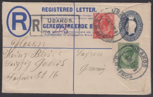 South West Africa 1922 South Africa KGV 5½d blue Registered Letter to Germany