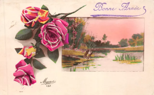 Cartolina Fantasia, Paesaggio Nel Un Cornice E Rose