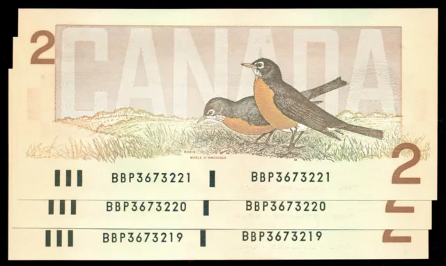 1986 Canada QEII, BC-55aA 3 Consecutive $2 Theis. Crow Prefix BBP with Large B