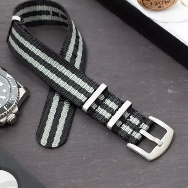 Spectre Bond Style NATO G10 Nylon Watch Strap Band - Grey and Black Bond Stripe