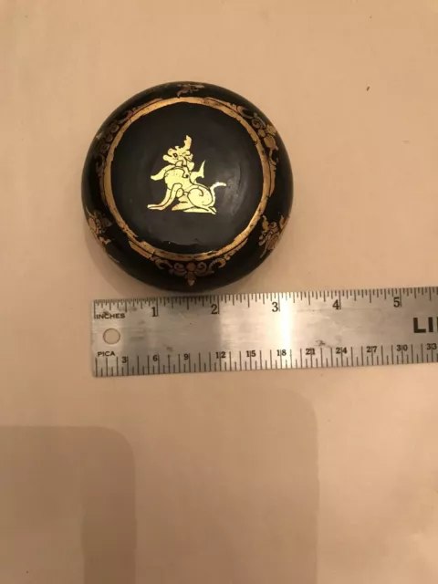 Vintage Burmese Black Lacquer Gold Painted Round Wooden Box 3"D x1.75"H