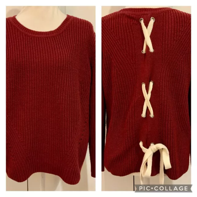 Harper Heritage Maroon Red Knit Long Sleeve Tie Back Grommet Sweater Medium