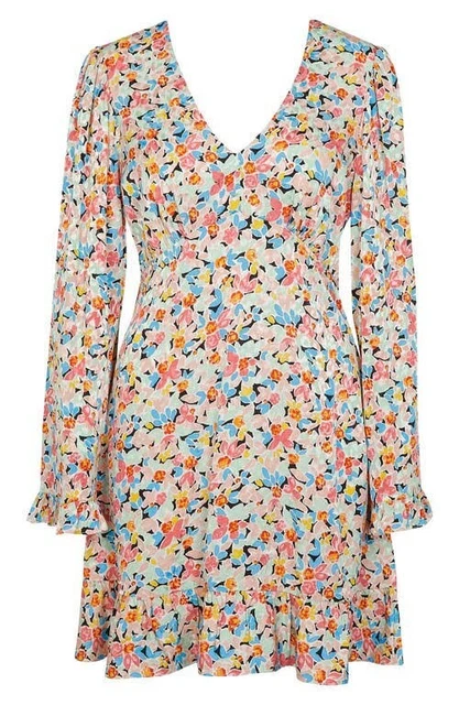 Mini abito a maniche lunghe River Island blu/rosa stampa floreale taglia UK 12