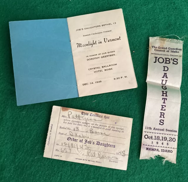 Vintage 1940s Job's Daughters Masonic Ribbon Membership Card X-Mas Formal Idaho