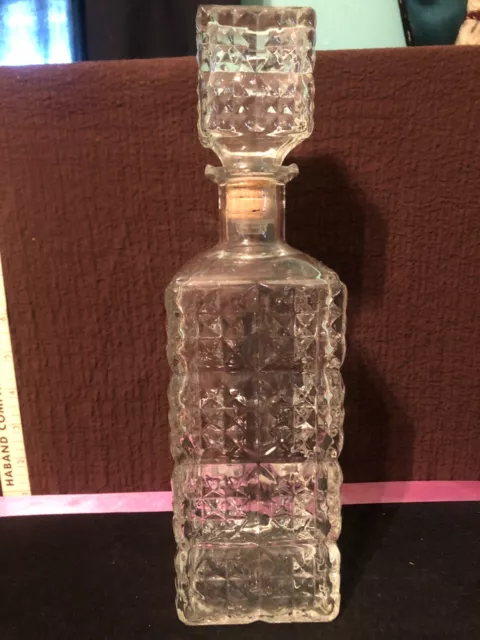 vntg large heavy clear cut glass decanter whiskey bottle diamond design square--