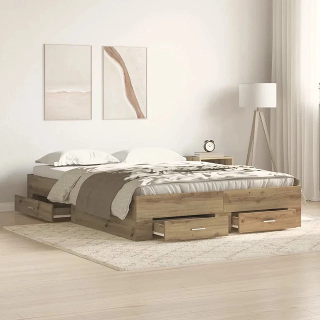 BED FRAME WITH Drawers Artisan oak 135 x 190 cm Engineered wood vidaXL ...