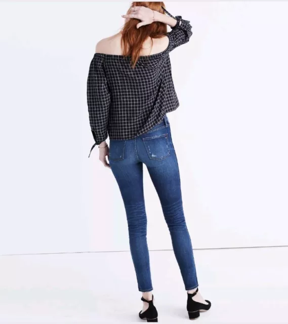 NWT Madewell Plaid Off Shoulder Windowpane Check Top Blouse Black White Cotton 3