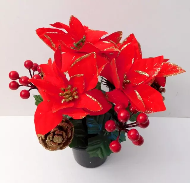 Grave Side Tribute Pot - Red & Gold Glitter Poinsettia and Holly - Height 25 cm