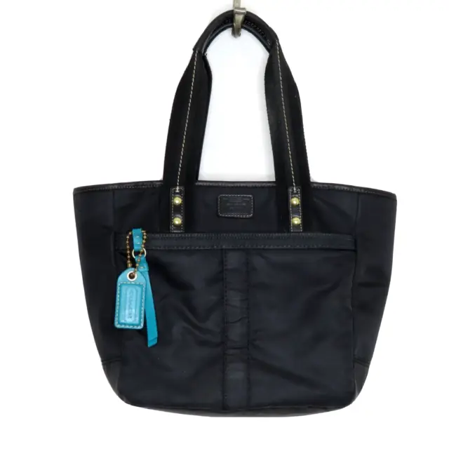 Coach F10695 Black Nylon Teal Accent Top Handle Zippered Tote Handbag Purse Bag