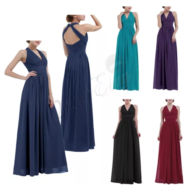 UK Women's Maxi Long Ball Gown Chiffon Halter V Neck Backless Bridesmaid Dress 2