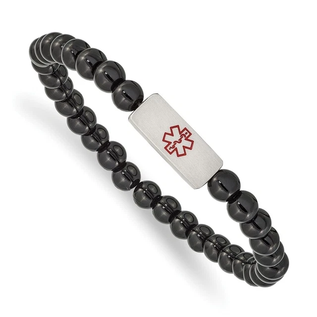 6Mm Stainless Steel Onyx Bead Enamel Medical I.D. Stretch Bracelet