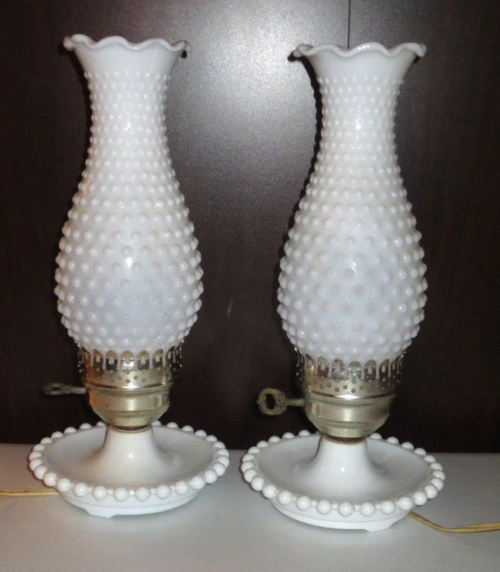 VINTAGE MILK GLASS Hobnail Boudoir Nightstand Lamps Hurricane Shades