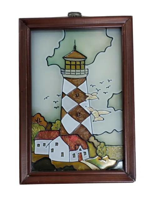 Lighthouse Stained Faux Glass Wood Frame 7x10 Inch Wall or Window Hanging