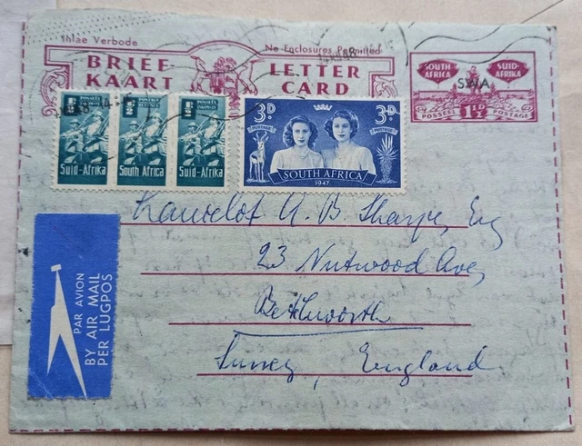 1948 SOUTH WEST AFRICA 1½d LETTER CARD UPRATED WITH SOUTH AFRICAN ...