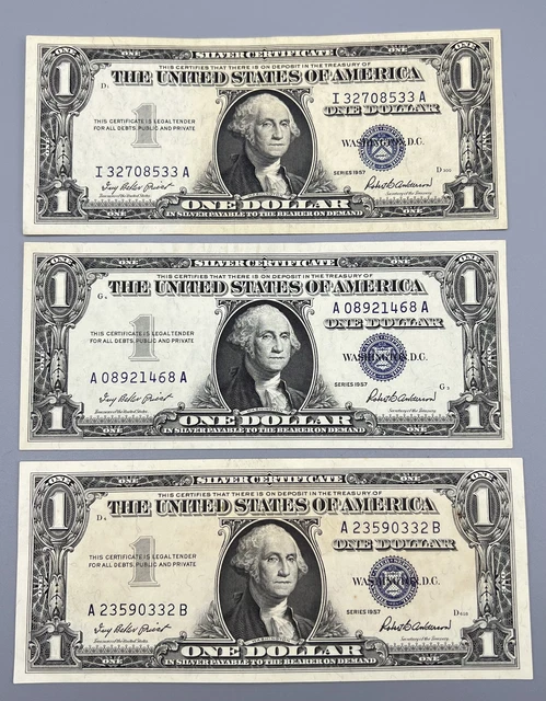 LOT of THREE SERIES 1957 $1 ONE DOLLAR SILVER CERTIFICATES US BILLS BLUE SEAL