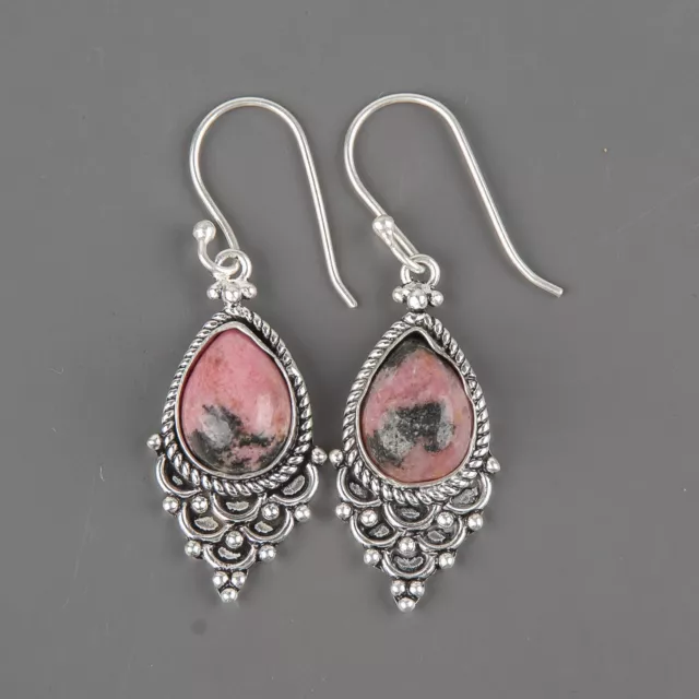 Natural Black Rhodonite Gemstone Earrings Pink 925 Sterling Silver Jewelry