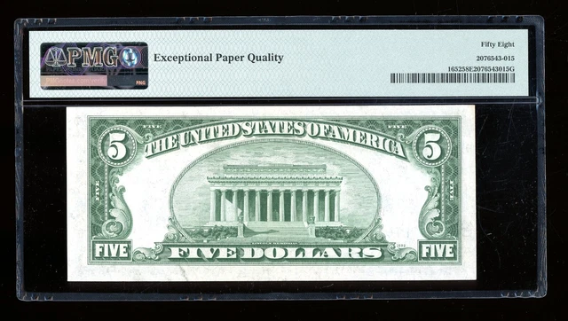 DBR 1934-B $5 Silver Fr. 1652 Vinson LA Block PMG 58 EPQ Serial L74417111A 2