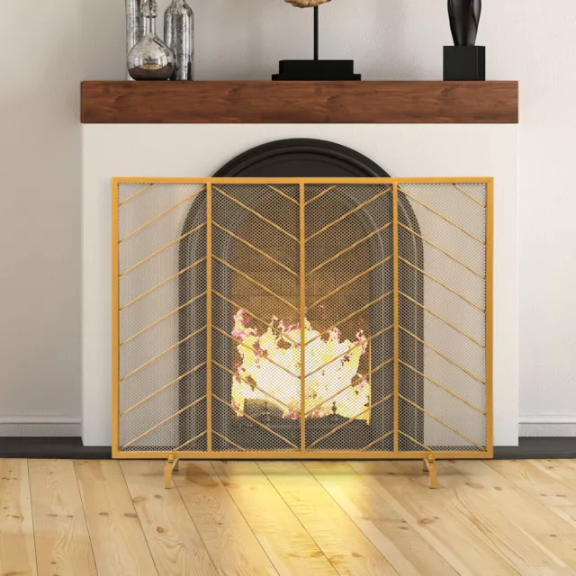 Fire Screen Decorative Spark Guard with Gold Iron Mesh and Sturdy Legs