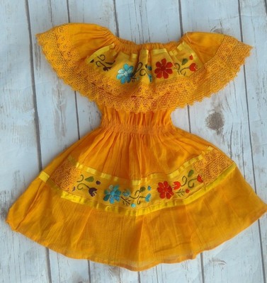 Mexican Girl Dress Yellow with Embroidery Flowers on front lace Gypsy SZ 1-5T