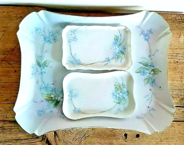 Limoges Vintage Porcelain Gold Rim Blue Floral Set of 3 Trinket Trays Dishes