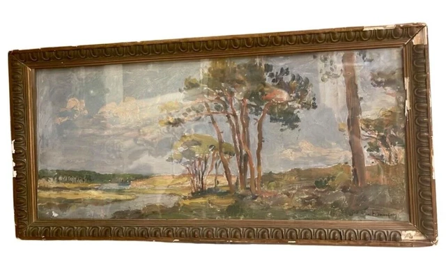 Antique Geo Francois Landscape Oil On Canvas Painting Signed Art Rare Old 20th