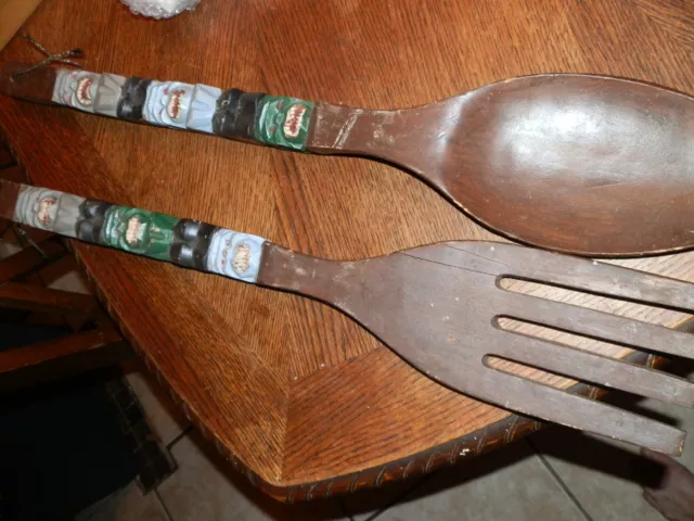 Vintage Giant Wooden Fork & Spoon Carved Tiki Totem Handle Mid Century MCM 27.5"