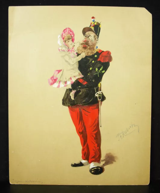 P G Robert Dibujo c1870 Soldado Barba & Pequeña Niña Militaria Traje Militar